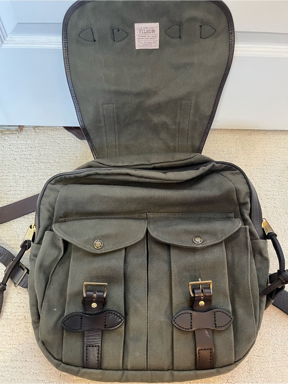 Filson Olive Canvas Messenger Bag with Leather Trim